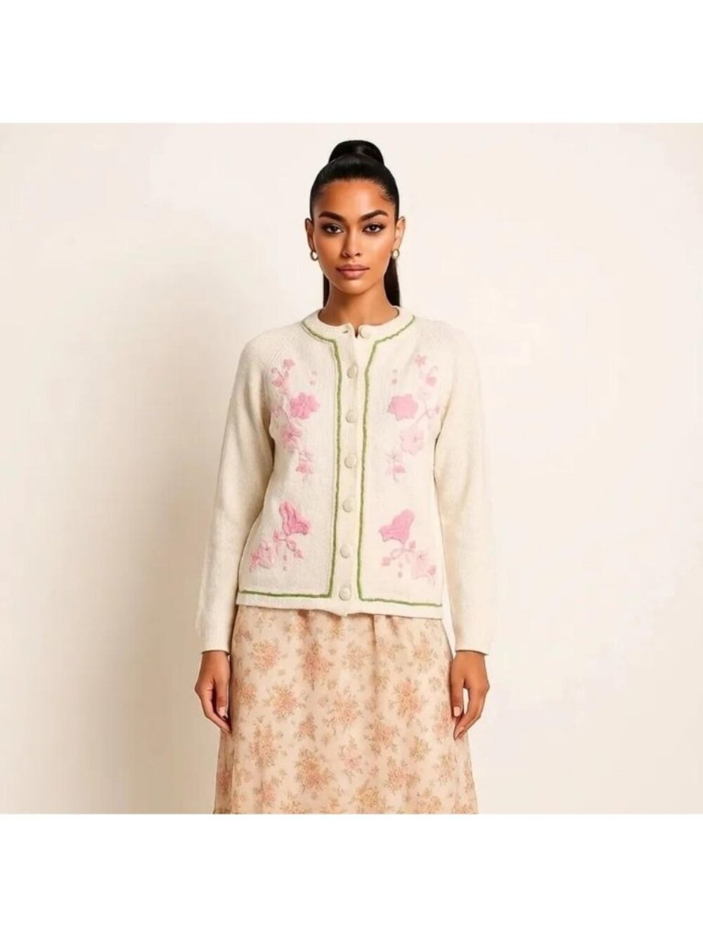 Vintage White Knit Cardigan Pink Embroidery Korea